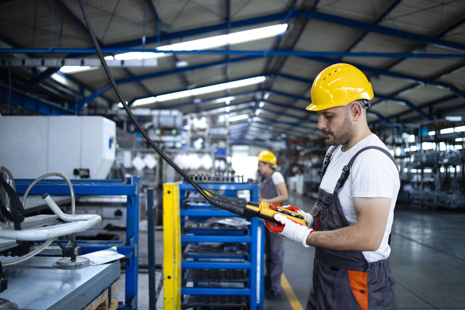 factory worker wearing uniform hardhat operating industrial machine with push button joystick production hall min scaled